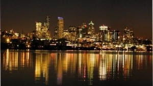 Photo of Seattle skyline at night.