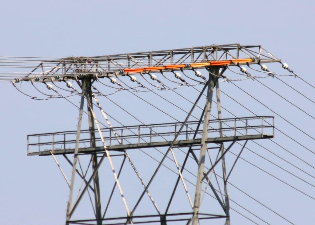 Photo of transmission tower with nest material.
