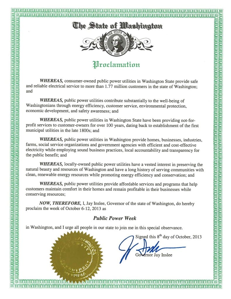Photo of Gov. Inslee's Public Power Week proclamation.