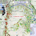 Map of the Pacific Northwest showing snowpack levels at monitoring stations.