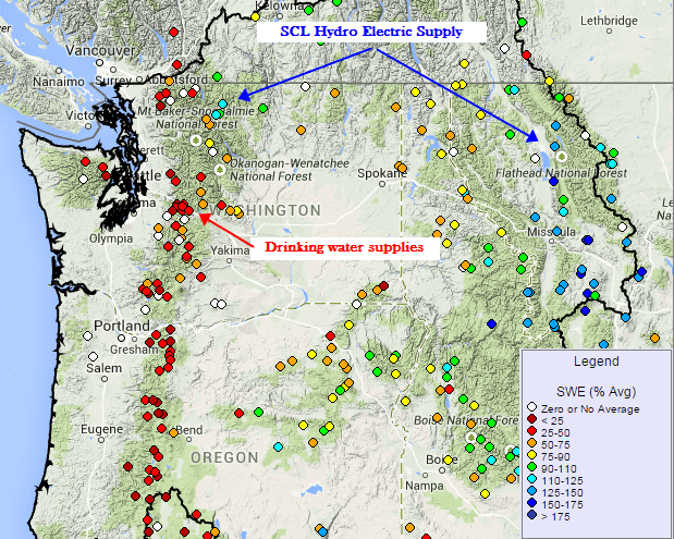 Map of the Pacific Northwest showing snowpack levels at monitoring stations.