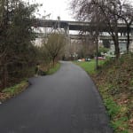 Photo of new asphalt on a section of the Burke-Gilman Trail.