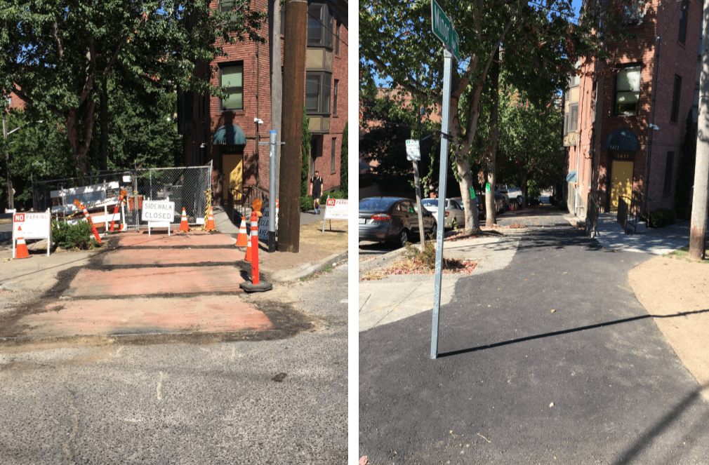 Left: Typical view of the construction work area. Right: A view of the sidewalk on Minor Avenue after construction was completed.