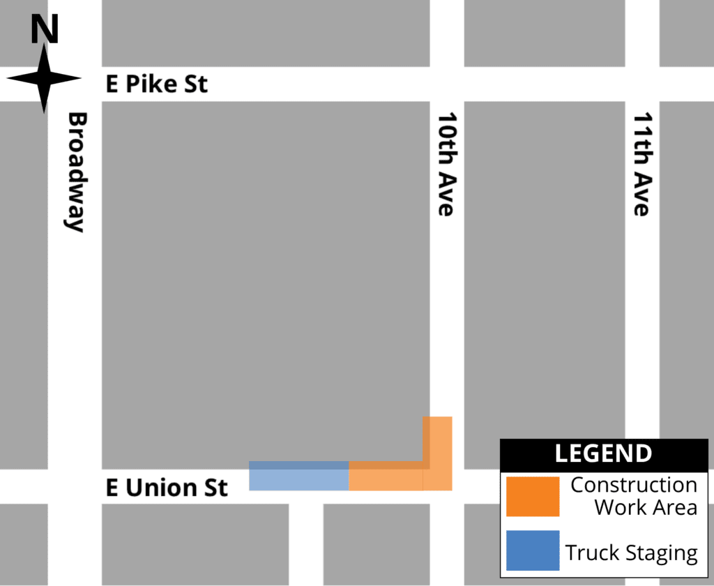 Map of the construction work area at 10th and Union.