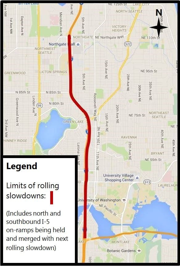 Map showing the area of I-5 affected by the rolling slowdowns.