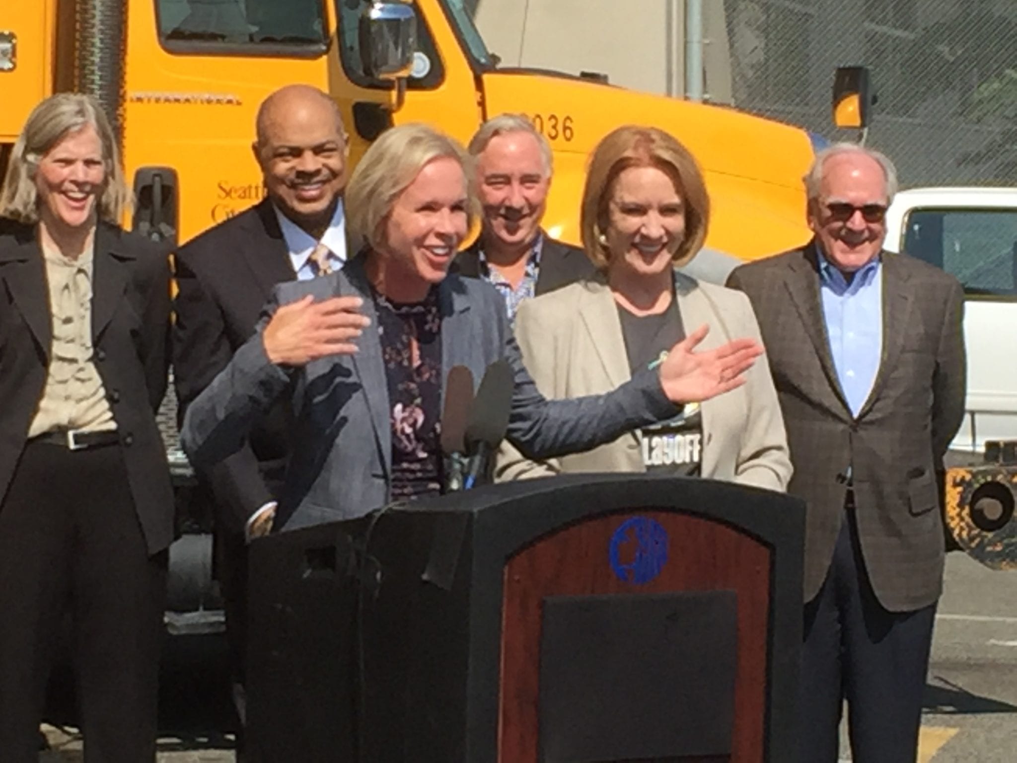 Photo of Debra Smith with Mayor Jenny Durkan after the mayor nominated Smith to become general manager and CEO for Seattle City Light.