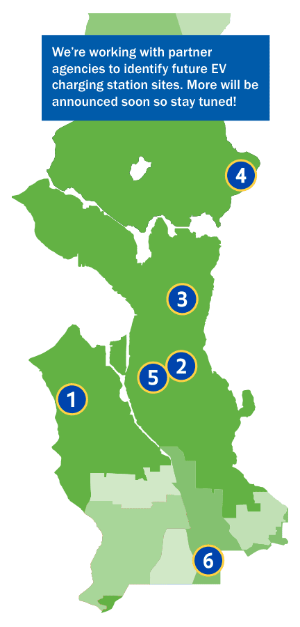 a map of city light's service area with markers of the current EV charging stations