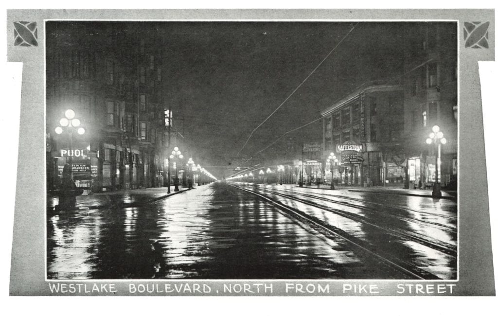 A black and white photo of the Globe Lights on Westlake Boulevard North from Pike Street from 1911 Lighting Department Annual Report