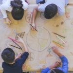 Aerial overhead view of a multi-ethnic group of elementary age children drawing. They are seated around a table. The kids are using colored pencils to make a mural. The have colored a world map, objects found in nature, and symbols of environmental conservation.