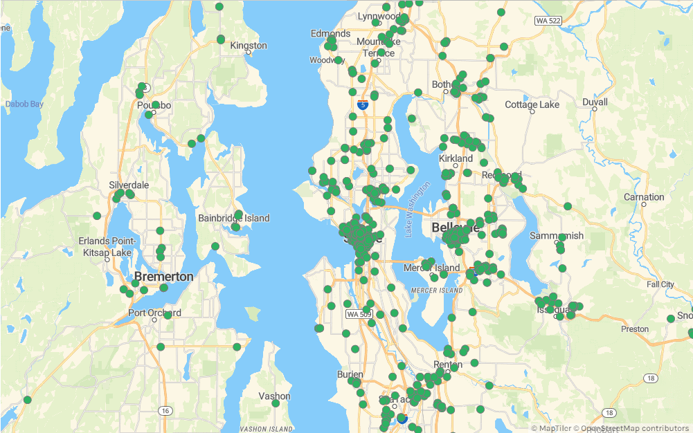 Map of Puget Sound region showing green dots at locations of public EV charging stations