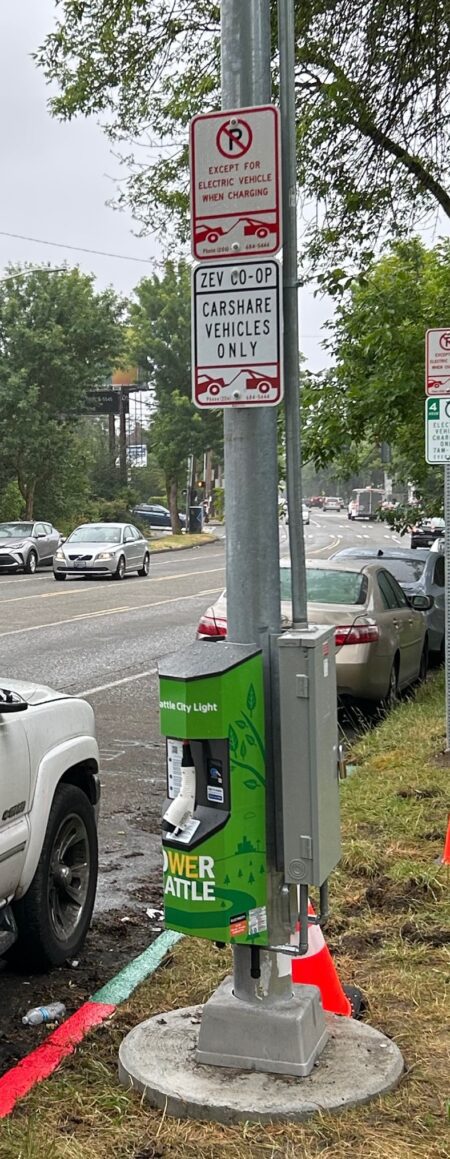 Level 2 EV curbside charging station in Seattle's Central District.
