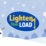 A snowman and a piggy bank on a snowy backdrop with the slogan Lighten Your Load in the center