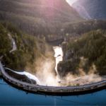 diablo dam in the foreground with the skagit river flowing in the distance