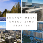 A collage showcasing solar panels, Seattle skyline, rooftops, and a city building for Energy Week.