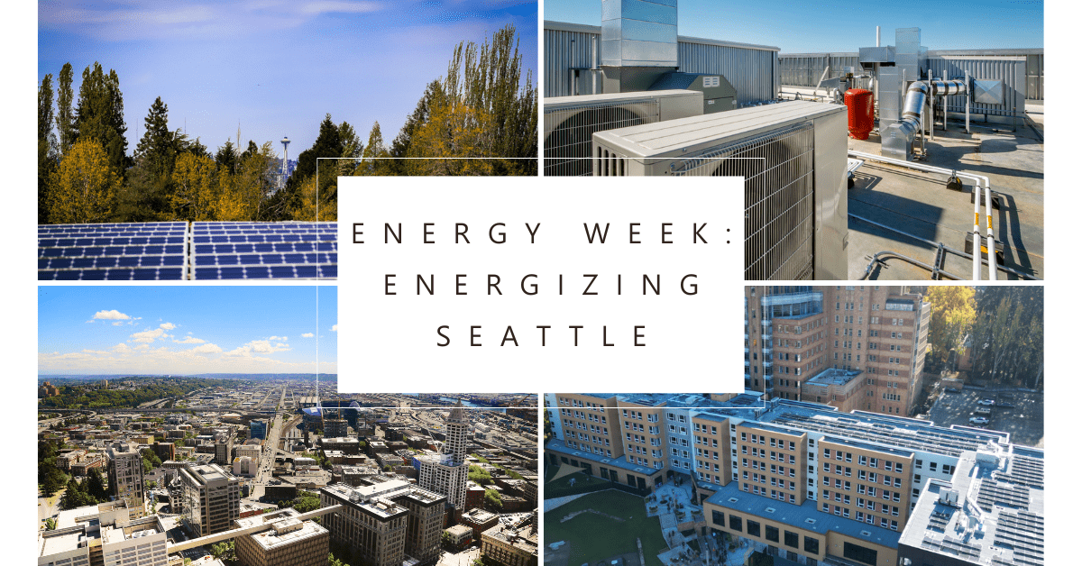 A collage showcasing solar panels, Seattle skyline, rooftops, and a city building for Energy Week.