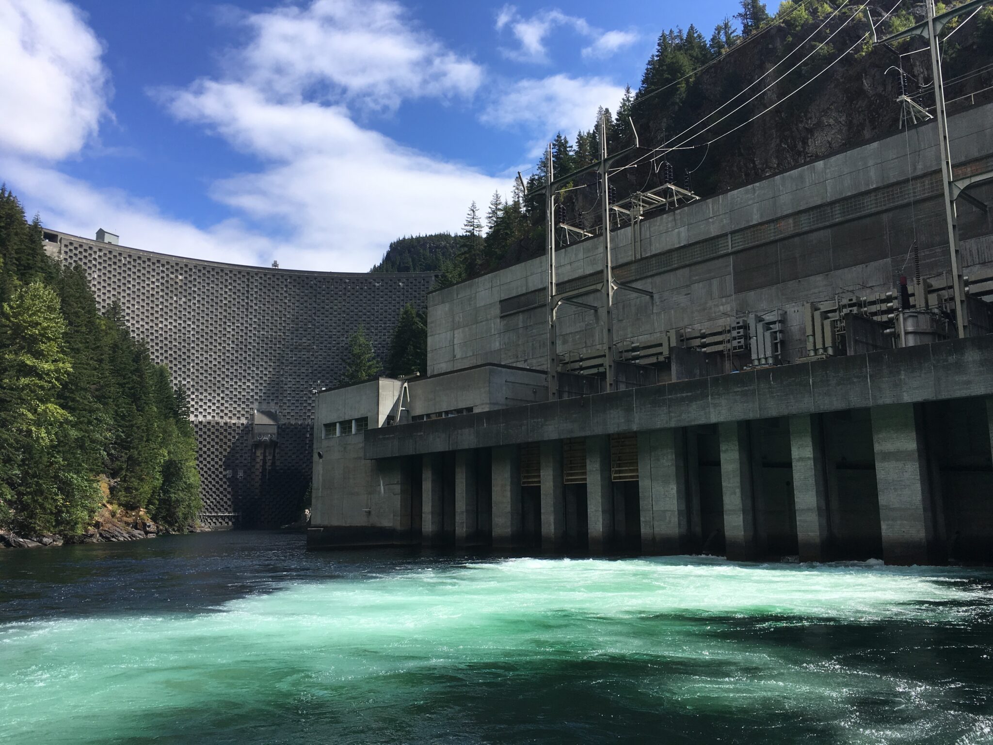 A concrete dam with a textured surface, surrounded by green trees and blue sky, over a flowing river.