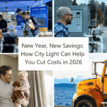 Collage of a ductless heat pump, a city light truck, and employees speaking with customers