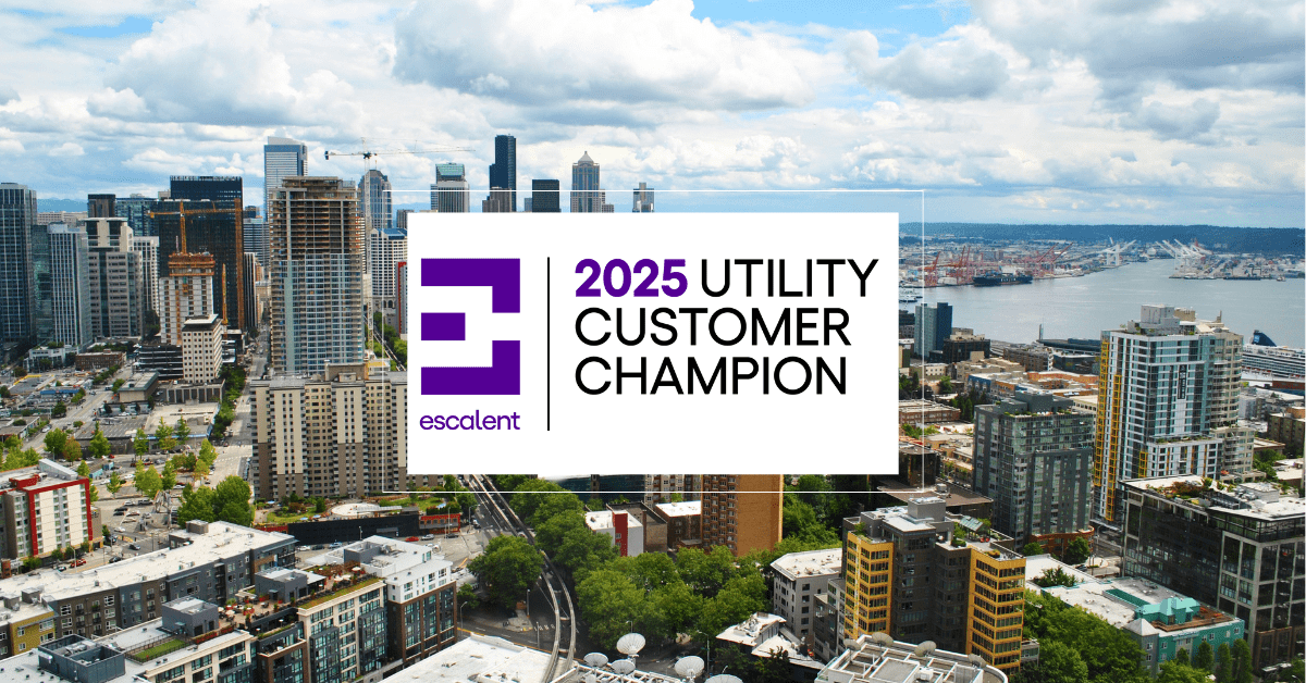Cityscape of seattle with 2025 utility customer champion branding from escalent superimposed