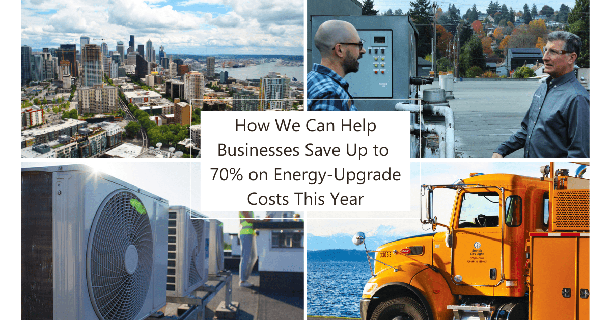 decorative collage of seattle cityscape, rooftop HVAC, seattle city light truck, and customer speaking with city light representative