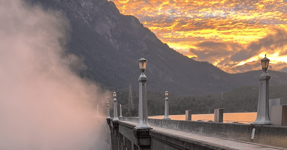 Top of Diablo dam with sunset in background