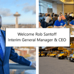 collage of rob santoff with customers and city light trucks