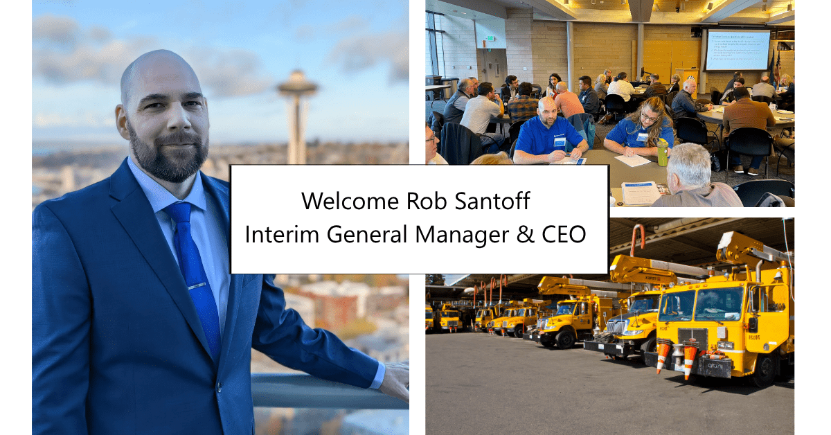collage of rob santoff with customers and city light trucks