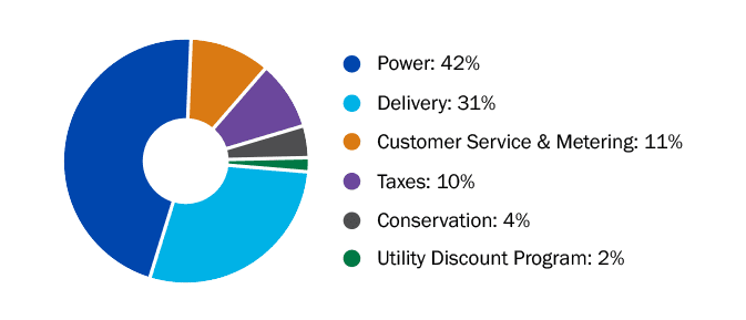 pie chart showing percentages of where power is allocated: 42% power; 31% delivery; 11% customer service; 10% taxes; 4% conservation; 2% utility discount program
